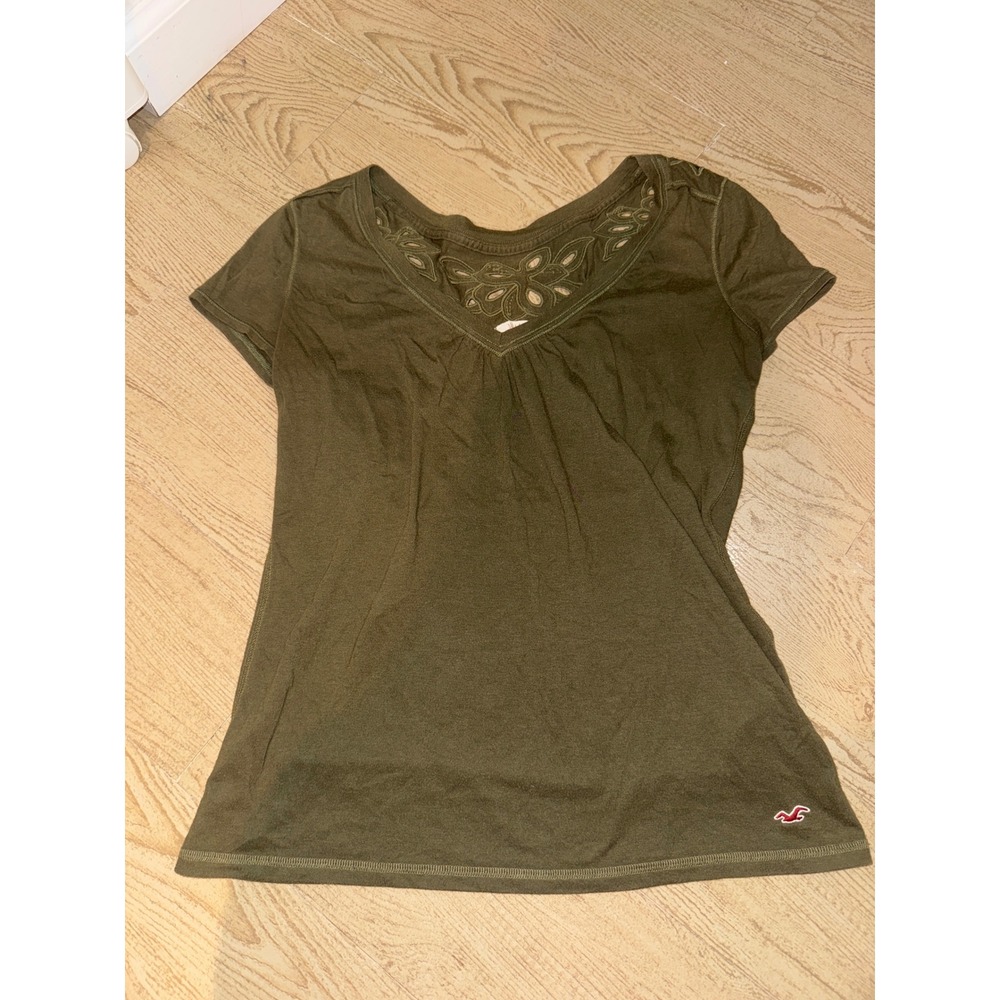 Vintage Hollister Olive Green Eyelet Floral V-Neck Short Sleeve Top Small
